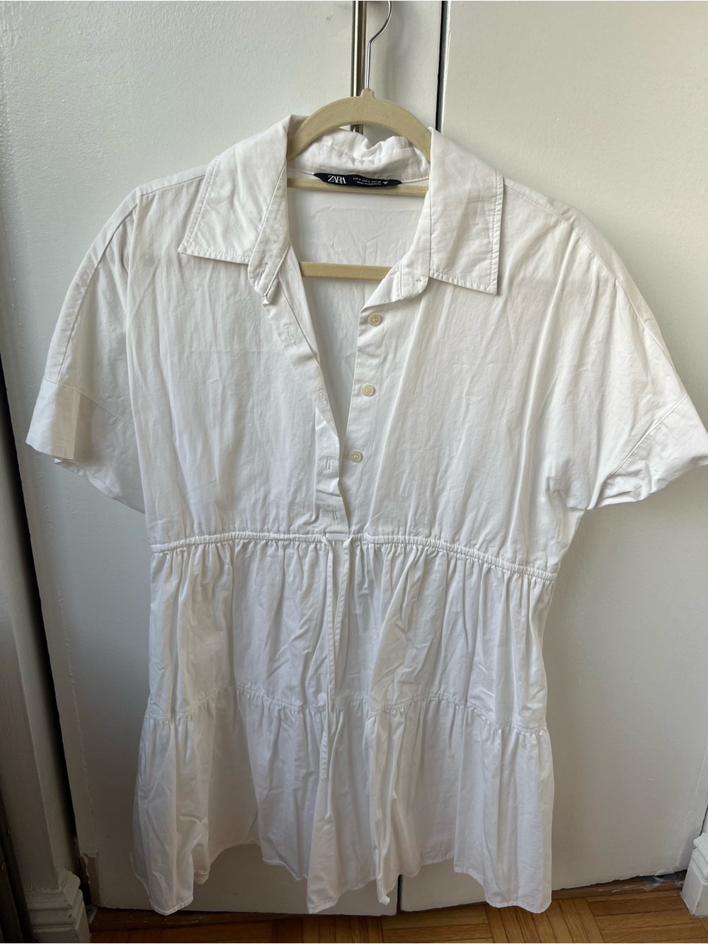 ZARA White Short-Sleeve Tiered Button Front Dress Small